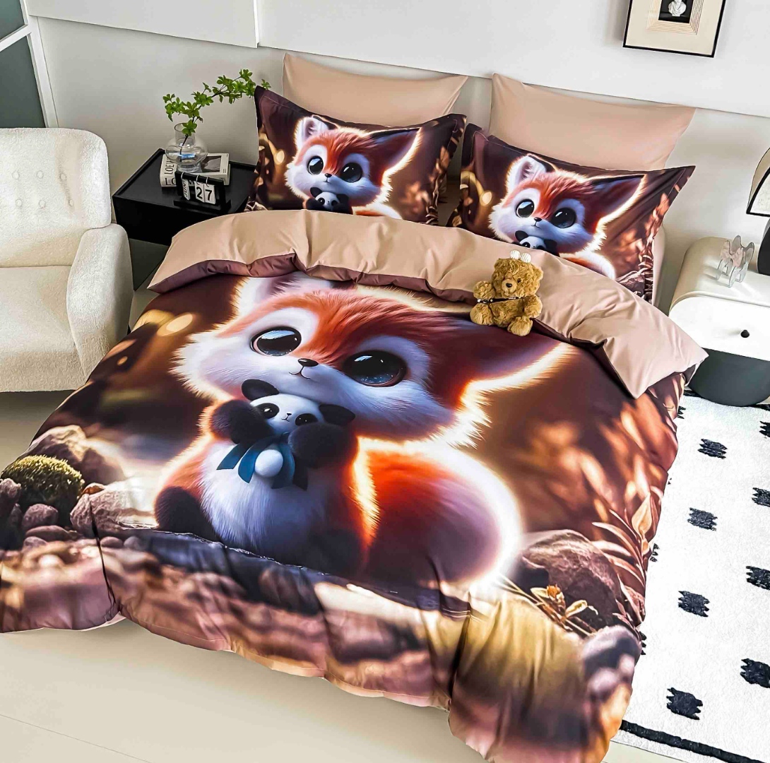 Lenjerie pat dublu, FINET, Imprimeu Digital 5D - Identic cu poza, Cu ELASTIC, 6 piese, Jojo Home, Maro, Veverita - imagine 2