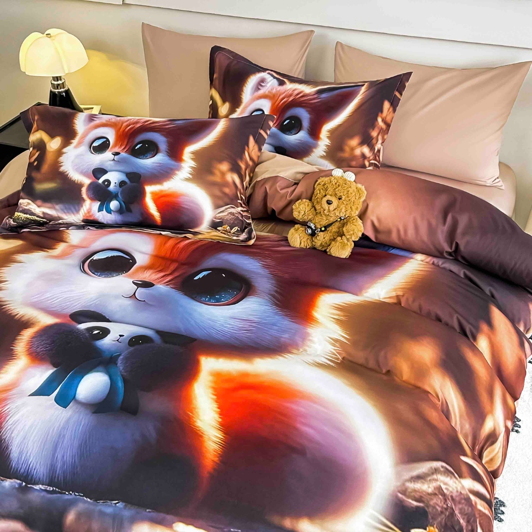 Lenjerie pat dublu, FINET, Imprimeu Digital 5D - Identic cu poza, Cu ELASTIC, 6 piese, Jojo Home, Maro, Veverita - imagine 3
