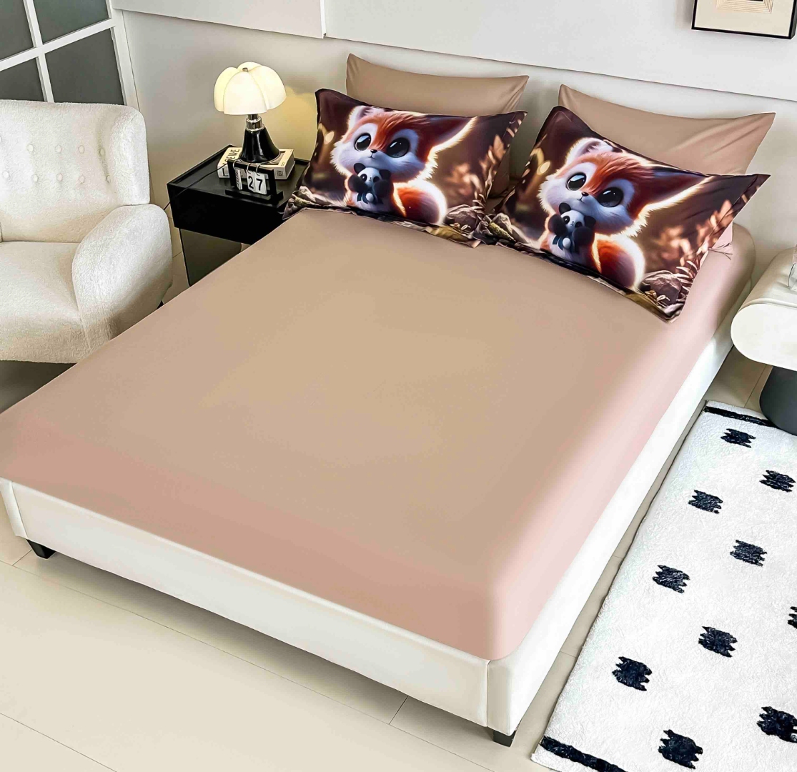 Lenjerie pat dublu, FINET, Imprimeu Digital 5D - Identic cu poza, Cu ELASTIC, 6 piese, Jojo Home, Maro, Veverita - imagine 4