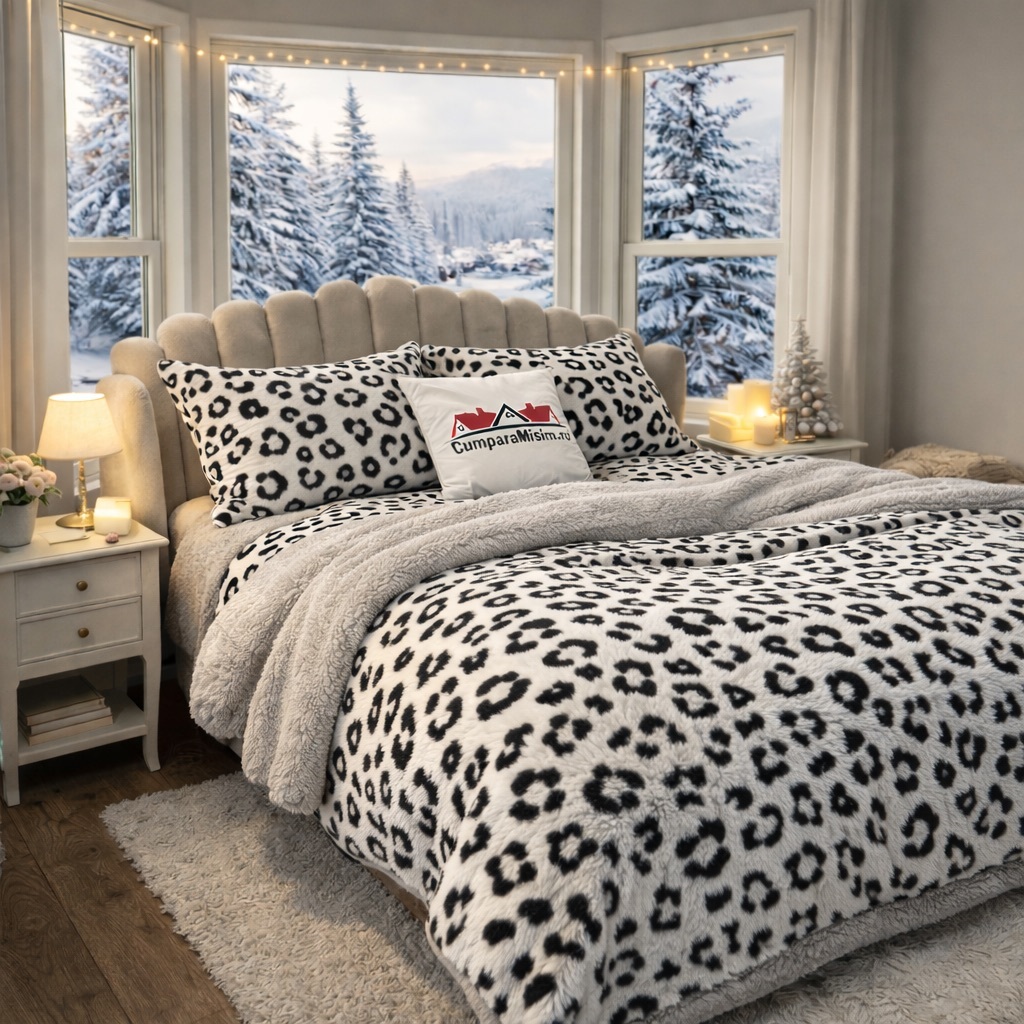 Lenjerie pat dublu, Super Pufoasa COCOLINO Sherpa, cu ELASTIC, 4 piese, Alb, Leopard Print - imagine 2