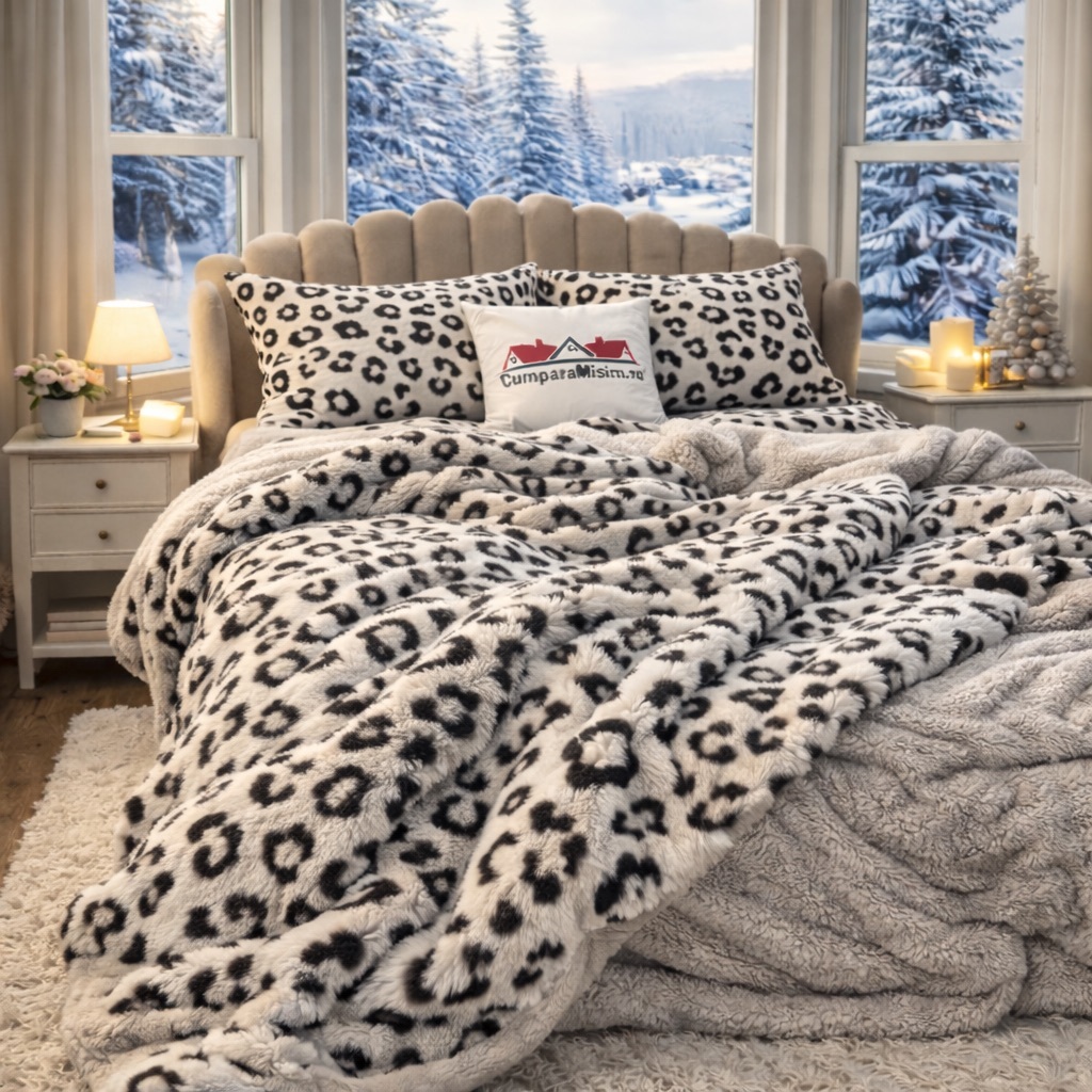 Lenjerie pat dublu, Super Pufoasa COCOLINO Sherpa, cu ELASTIC, 4 piese, Alb, Leopard Print - imagine 4