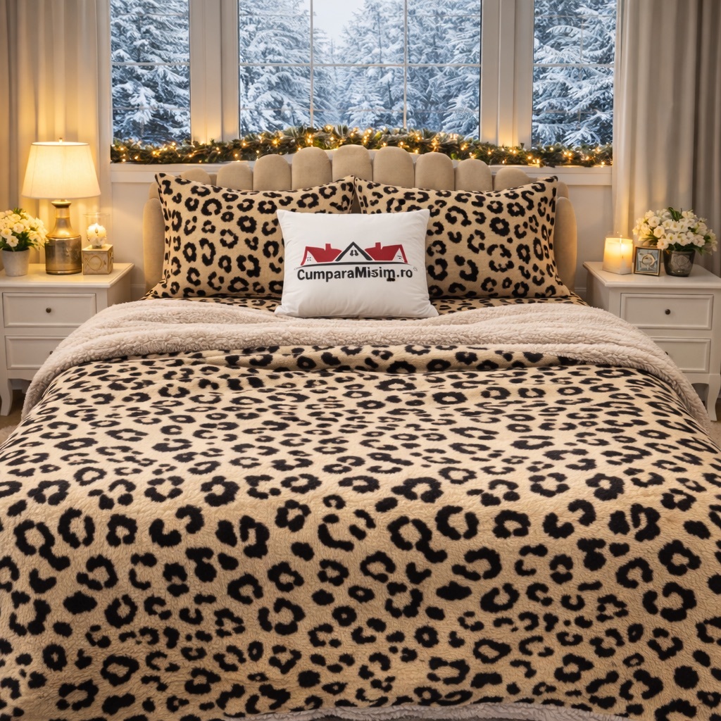 Lenjerie pat dublu, din Blanita Cocolino Sherpa, cu ELASTIC, 4 piese, Bej, Leopard Print - imagine 2