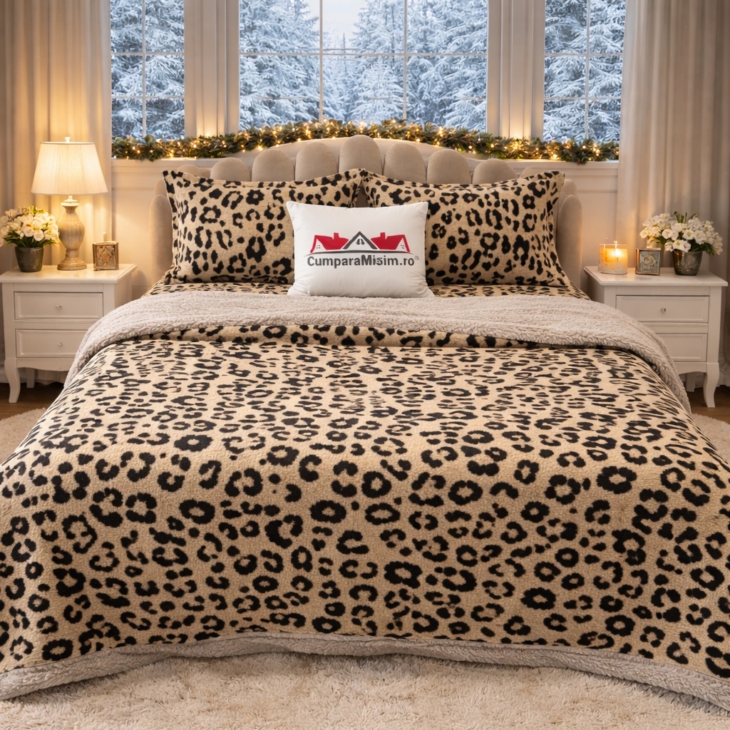 Lenjerie pat dublu, din Blanita Cocolino Sherpa, cu ELASTIC, 4 piese, Bej, Leopard Print - imagine 3
