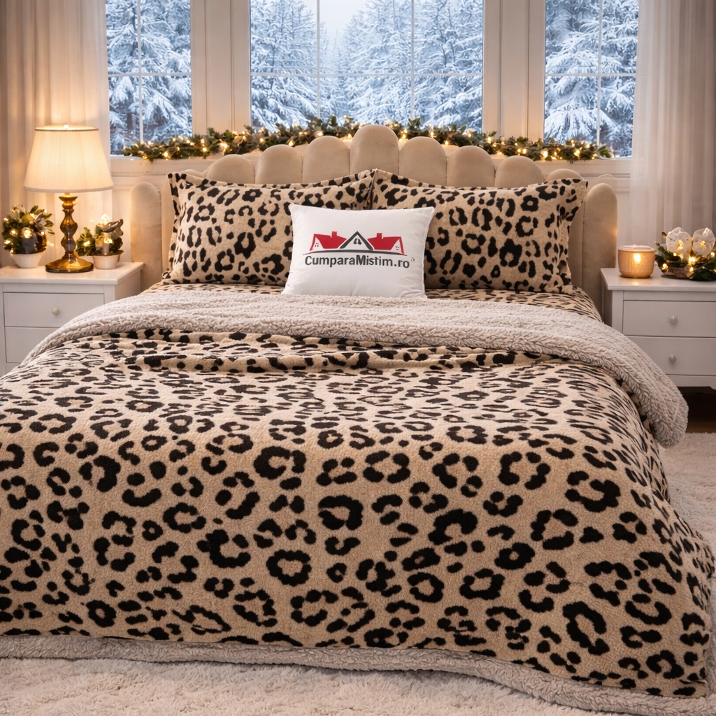Lenjerie pat dublu, din Blanita Cocolino Sherpa, cu ELASTIC, 4 piese, Bej, Leopard Print - imagine 4