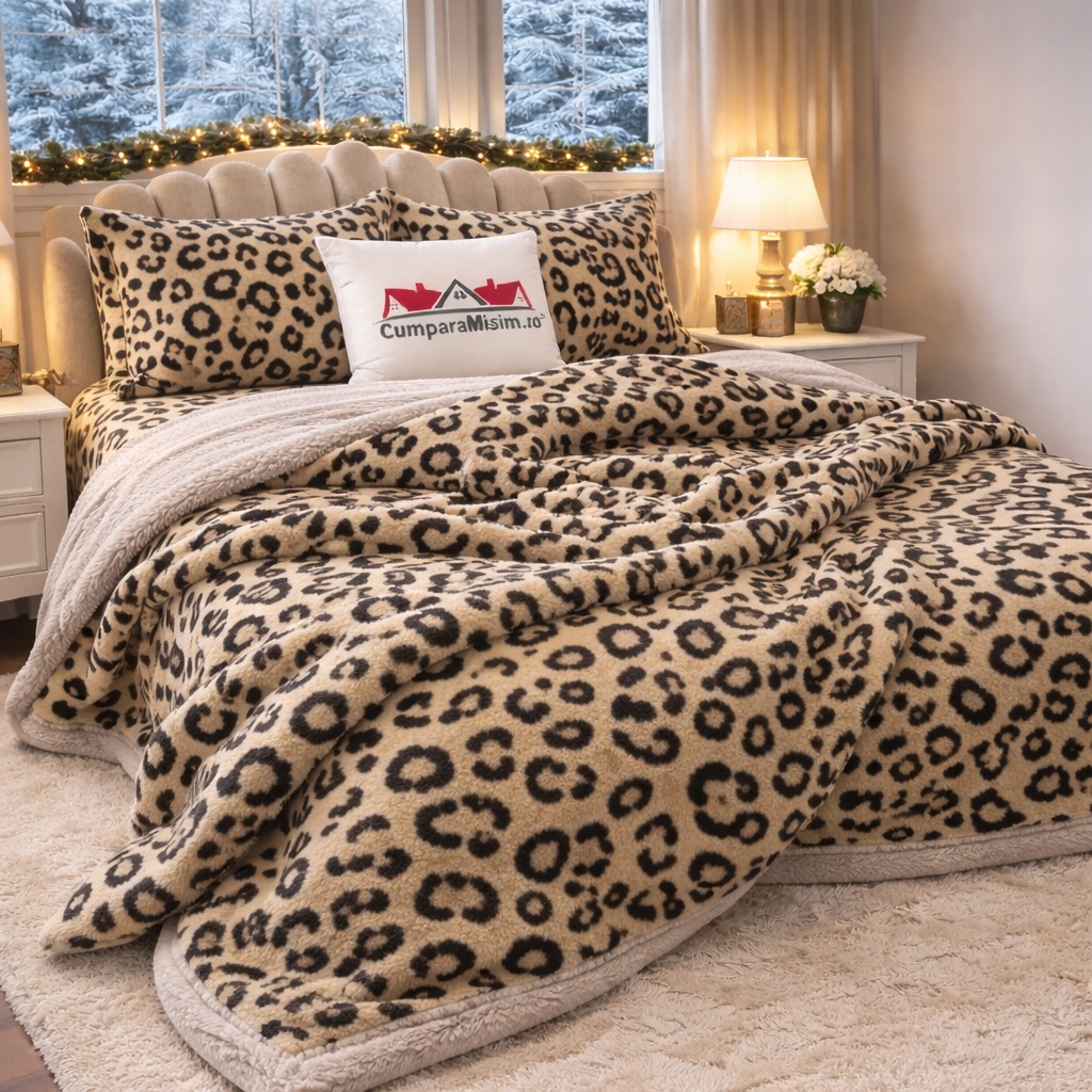Lenjerie pat dublu, din Blanita Cocolino Sherpa, cu ELASTIC, 4 piese, Bej, Leopard Print - imagine 7