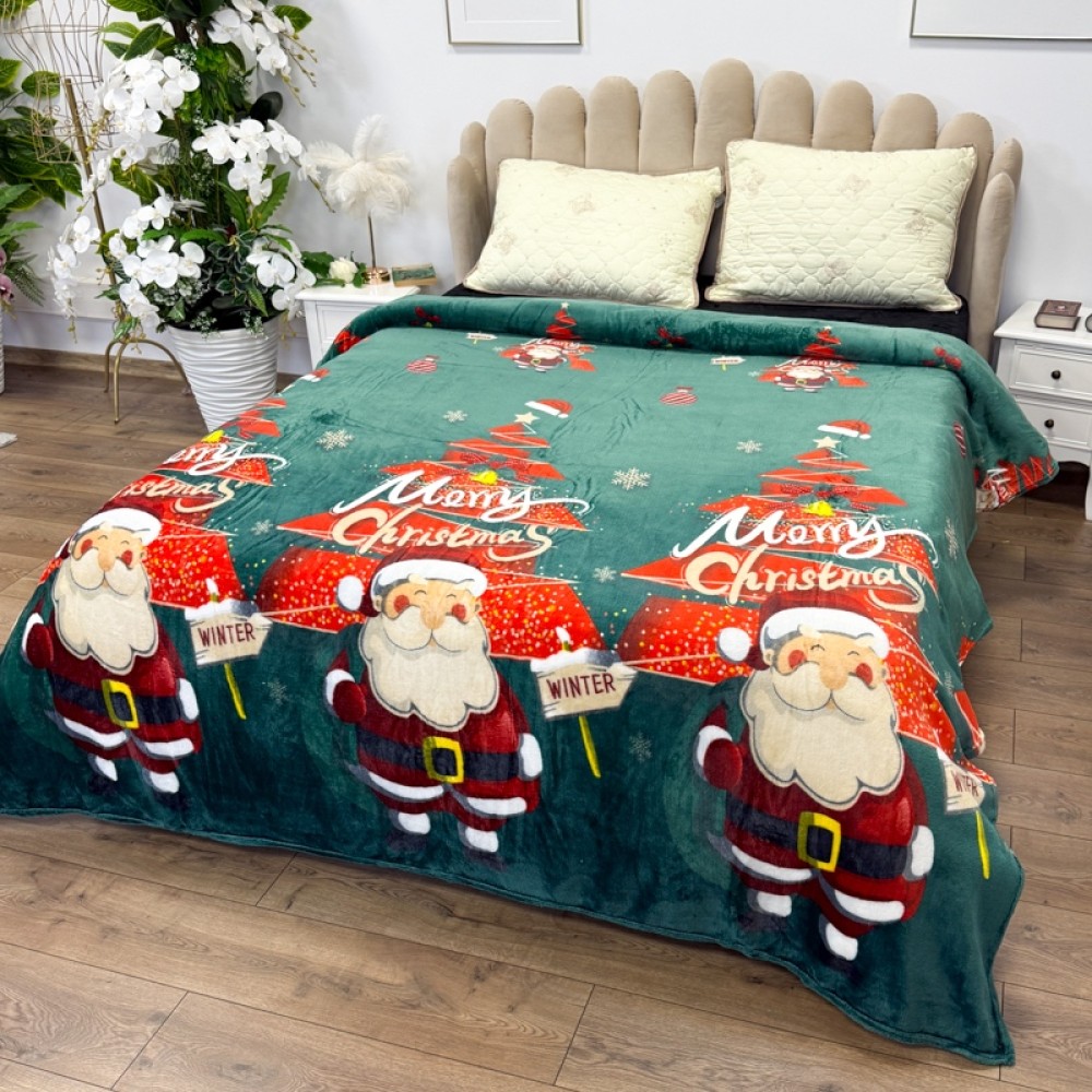 Patura pufoasa cocolino 200x230cm, 240g/mp, Verde, Brazi si Mos Craciun — imaginea 3