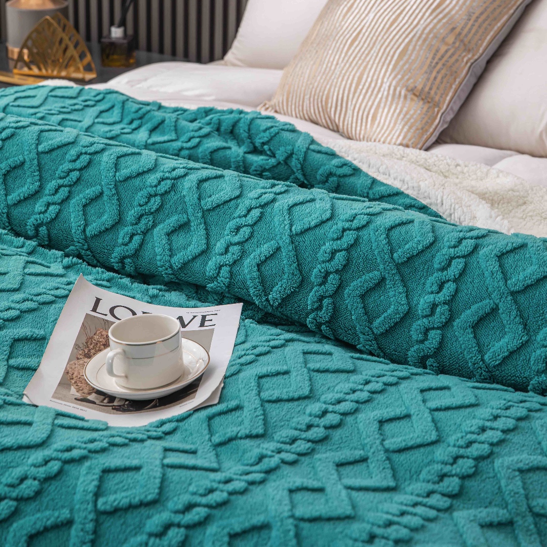 Patura CoCoLiNo tip Tricotaj cu blanita, 200x230cm, Jojo Home, Turquoise - imagine 3