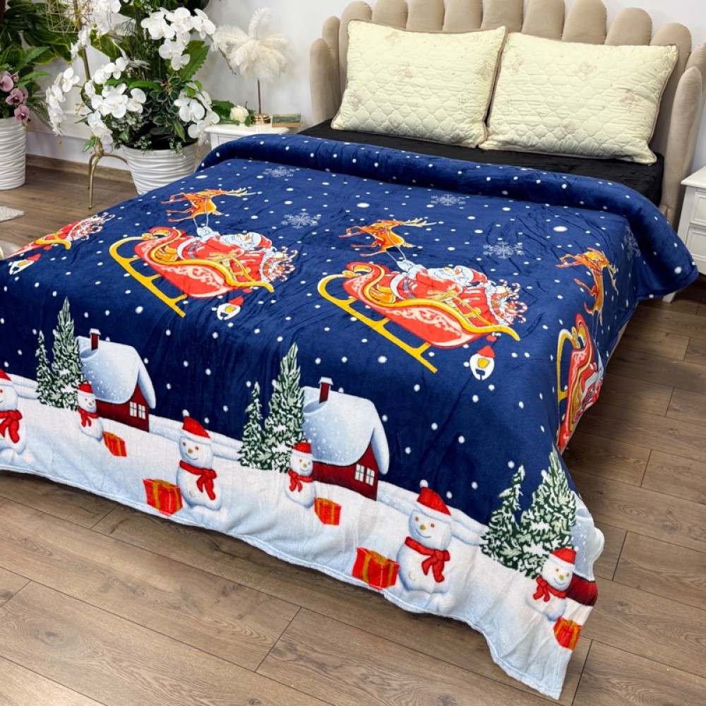 Patura pufoasa cocolino 200x230cm, 240g/mp, Albastru, sania lui Mos Craciun — imaginea 2