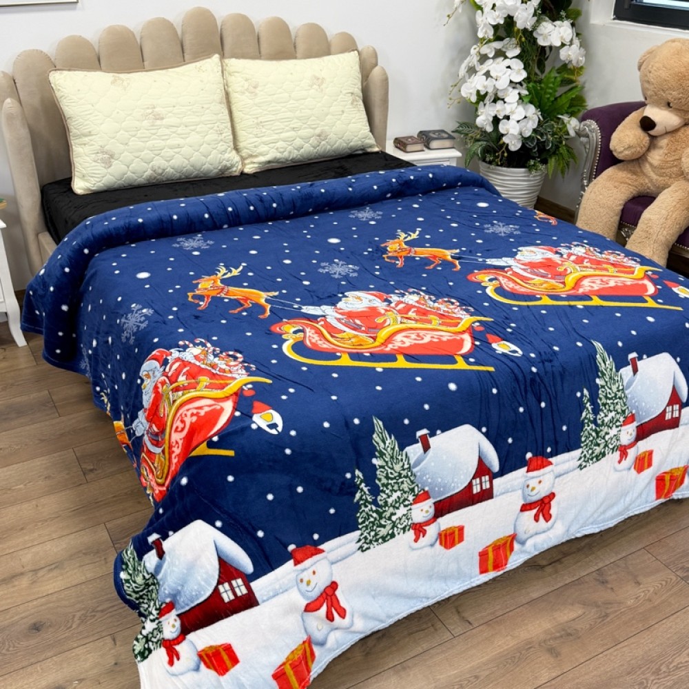 Patura pufoasa cocolino 200x230cm, 240g/mp, Albastru, sania lui Mos Craciun — imaginea 3