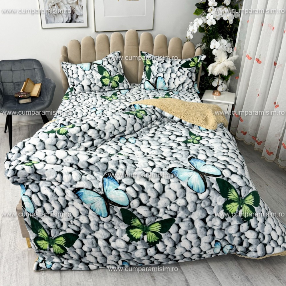 Lenjerie pat dublu, Super Pufoasa COCOLINO cu BLANITA, 4 piese, Gri-Multicolor, fluturi – imagine 2