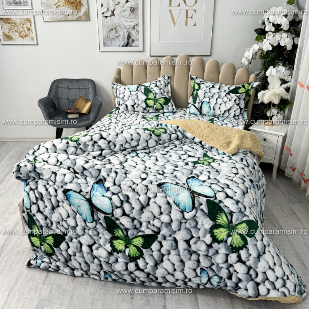 Lenjerie pat dublu, Super Pufoasa COCOLINO cu BLANITA, 4 piese, Gri-Multicolor, fluturi – imagine 3
