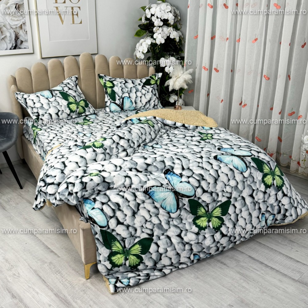 Lenjerie pat dublu, Super Pufoasa COCOLINO cu BLANITA, 4 piese, Gri-Multicolor, fluturi – imagine 4