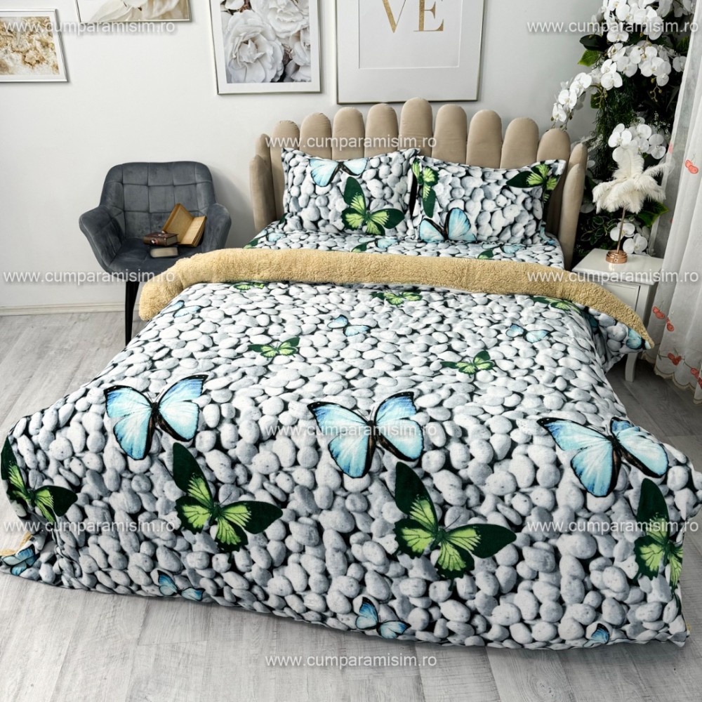 Lenjerie pat dublu, Super Pufoasa COCOLINO cu BLANITA, 4 piese, Gri-Multicolor, fluturi – imagine 5