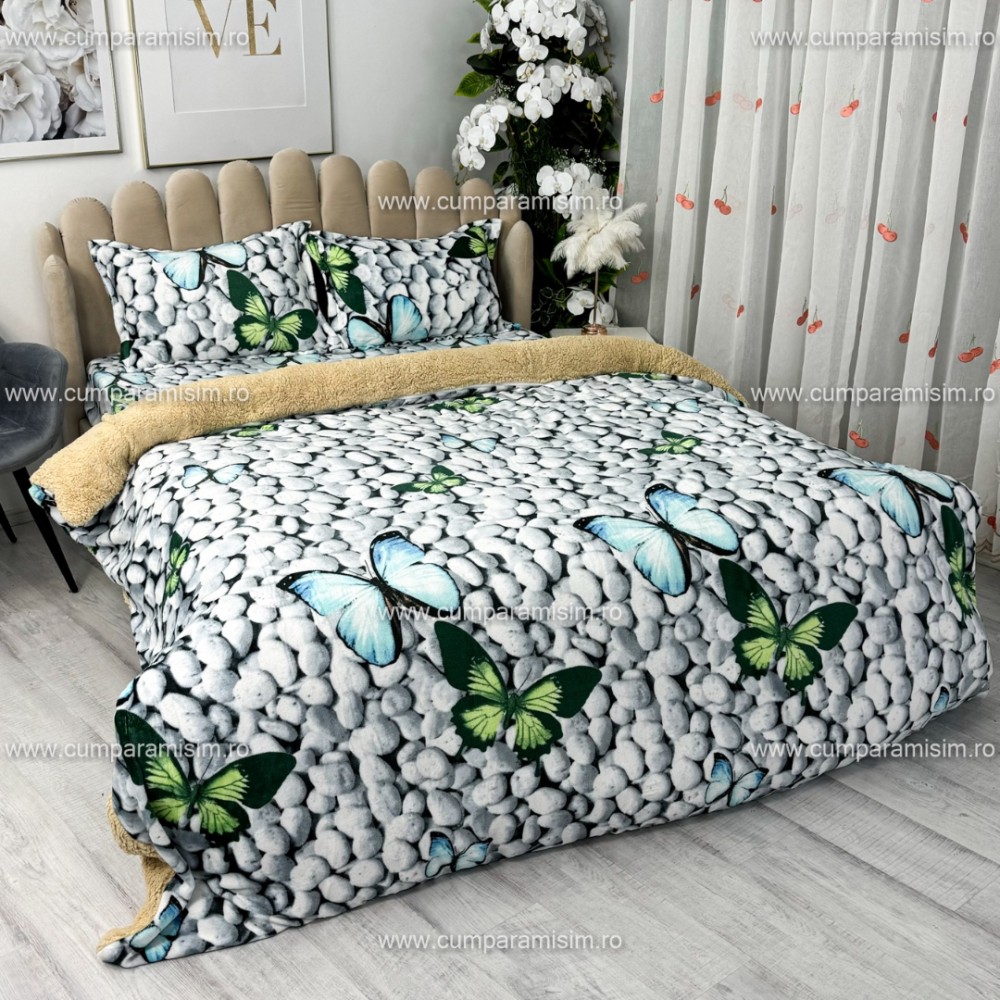 Lenjerie pat dublu, Super Pufoasa COCOLINO cu BLANITA, 4 piese, Gri-Multicolor, fluturi – imagine 6