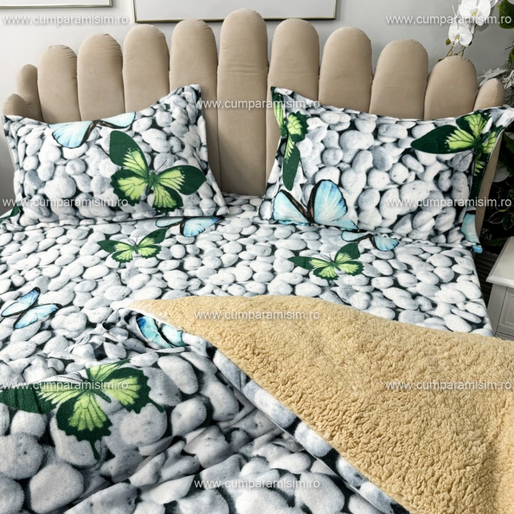 Lenjerie pat dublu, Super Pufoasa COCOLINO cu BLANITA, 4 piese, Gri-Multicolor, fluturi — imaginea 9