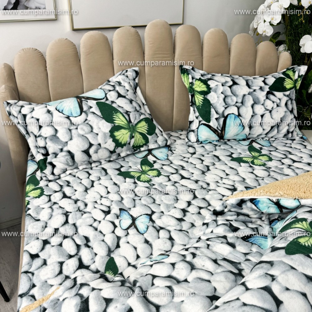 Lenjerie pat dublu, Super Pufoasa COCOLINO cu BLANITA, 4 piese, Gri-Multicolor, fluturi — imaginea 10