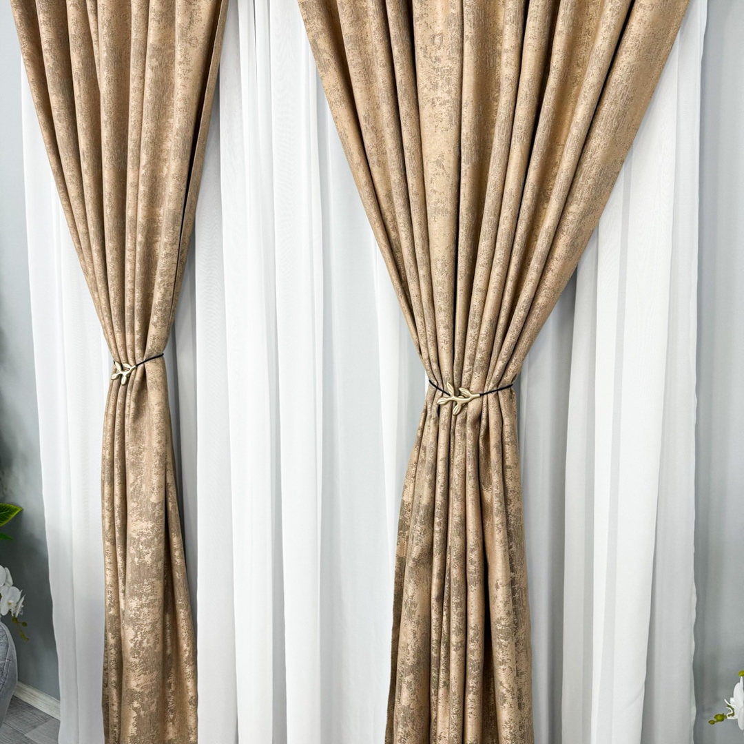 Set 2 Draperii din Jacquard model Nisip, Bej, 140cm latime x 260cm inaltime, Tiv Lat pt bara - imagine 6