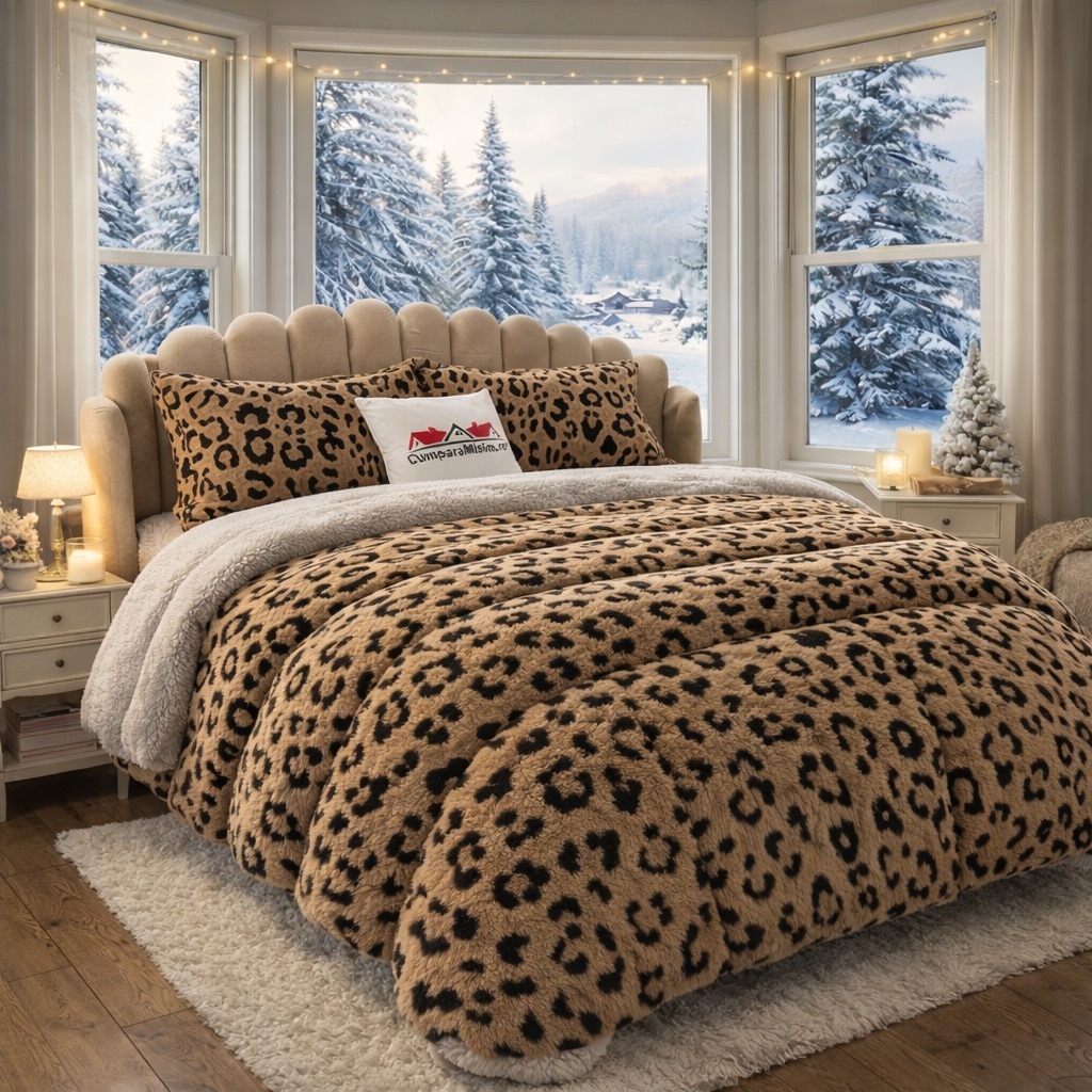 Lenjerie pat dublu, din Blanita Cocolino Sherpa, cu ELASTIC, 4 piese, Cappuccino, Leopard Print - view 2