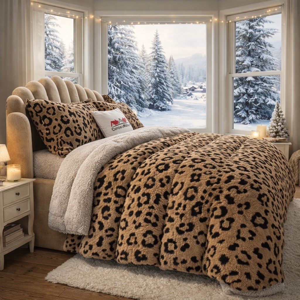 Lenjerie pat dublu, din Blanita Cocolino Sherpa, cu ELASTIC, 4 piese, Cappuccino, Leopard Print - view 3