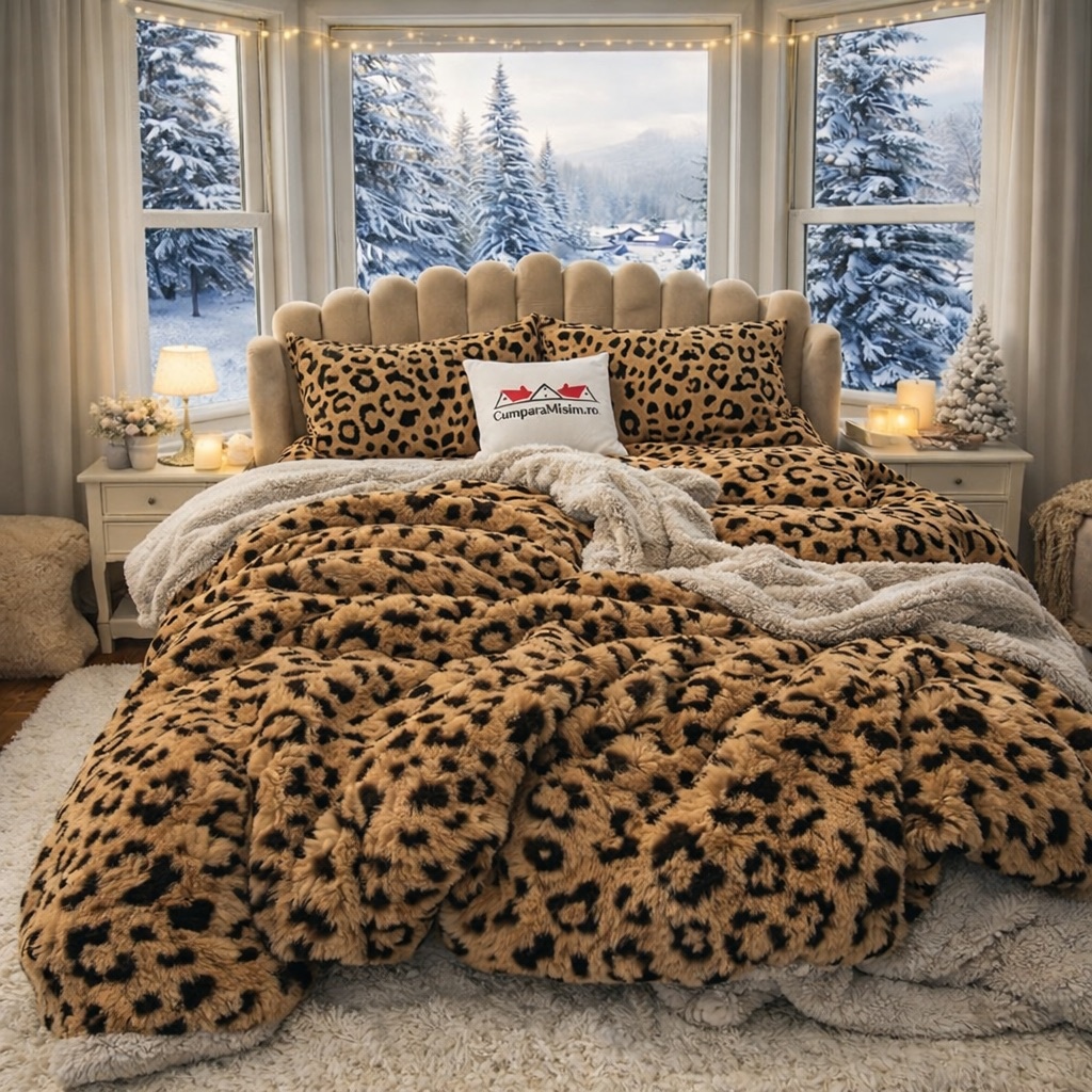 Lenjerie pat dublu, din Blanita Cocolino Sherpa, cu ELASTIC, 4 piese, Cappuccino, Leopard Print - view 4