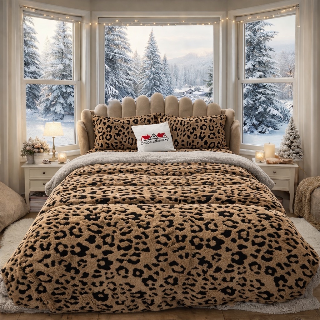 Lenjerie pat dublu, din Blanita Cocolino Sherpa, cu ELASTIC, 4 piese, Cappuccino, Leopard Print - view 7