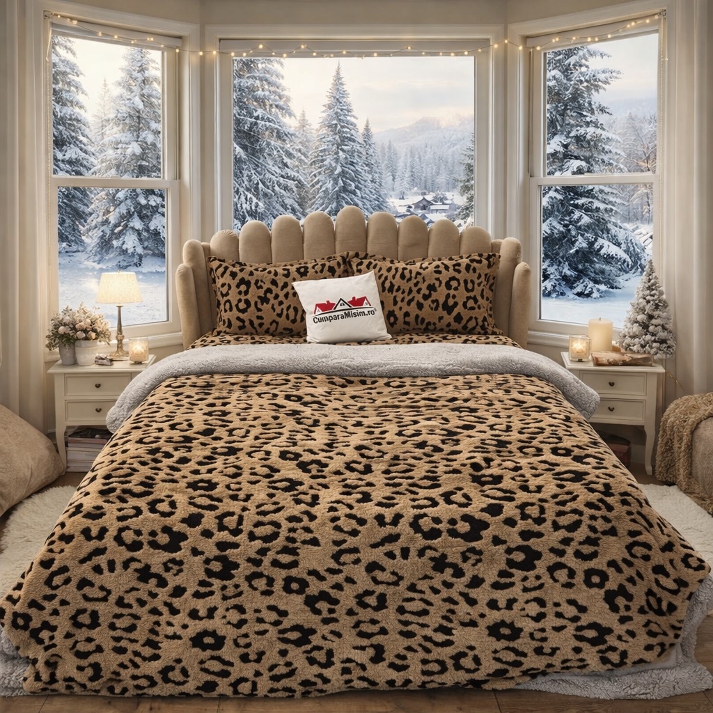 Lenjerie pat dublu, din Blanita Cocolino Sherpa, cu ELASTIC, 4 piese, Cappuccino, Leopard Print - view 8