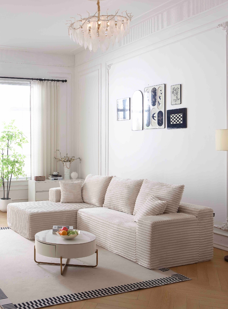 Canapea tip Coltar Ribba Soft, Spuma HD, Design in dungi, Ambalat Vidat, crem - imagine 2