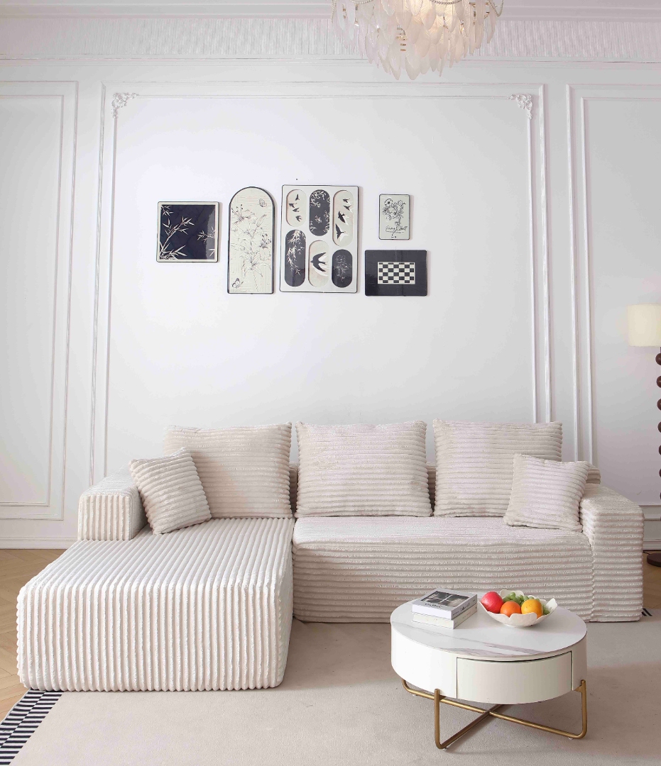 Canapea tip Coltar Ribba Soft, Spuma HD, Design in dungi, Ambalat Vidat, crem - imagine 3