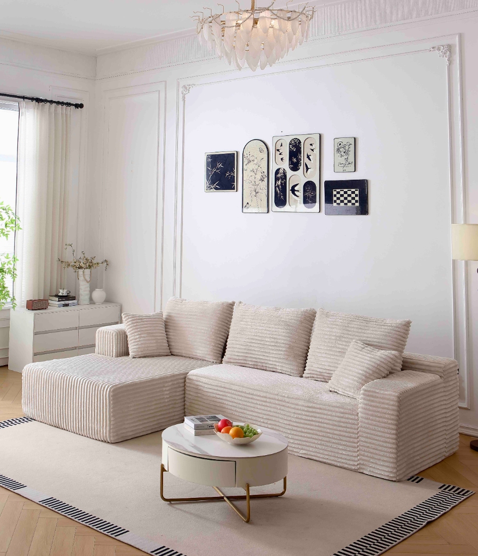 Canapea tip Coltar Ribba Soft, Spuma HD, Design in dungi, Ambalat Vidat, crem - imagine 4