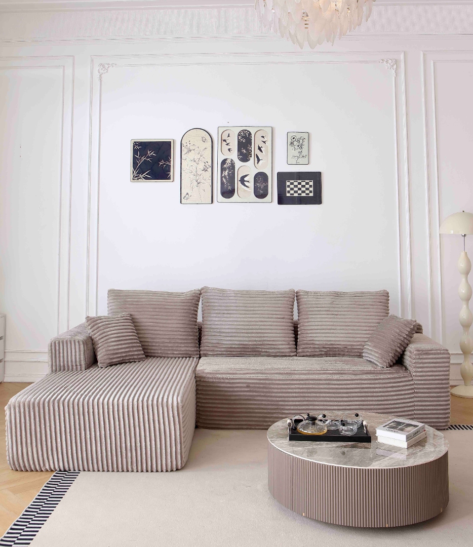 Canapea tip Coltar Ribba Soft, Spuma HD, Design in dungi, Ambalat Vidat, bej - imagine 2