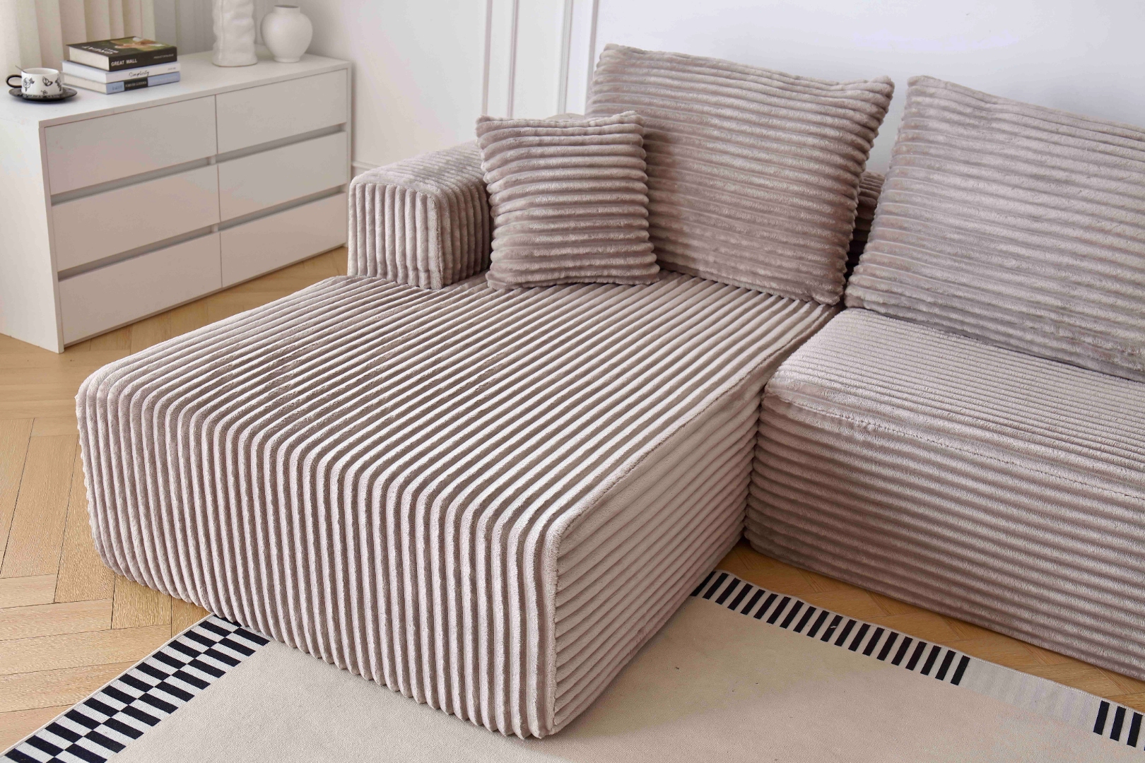 Canapea tip Coltar Ribba Soft, Spuma HD, Design in dungi, Ambalat Vidat, bej - imagine 3