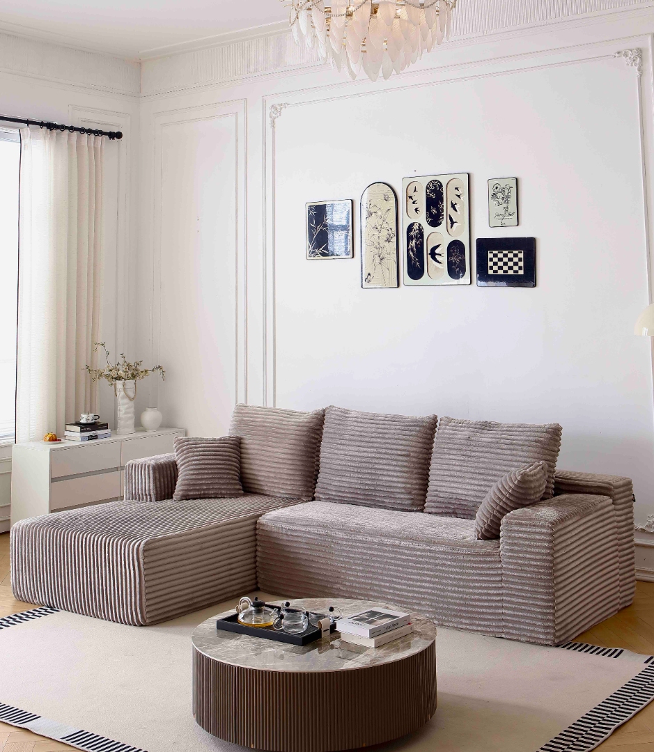 Canapea tip Coltar Ribba Soft, Spuma HD, Design in dungi, Ambalat Vidat, bej - imagine 4