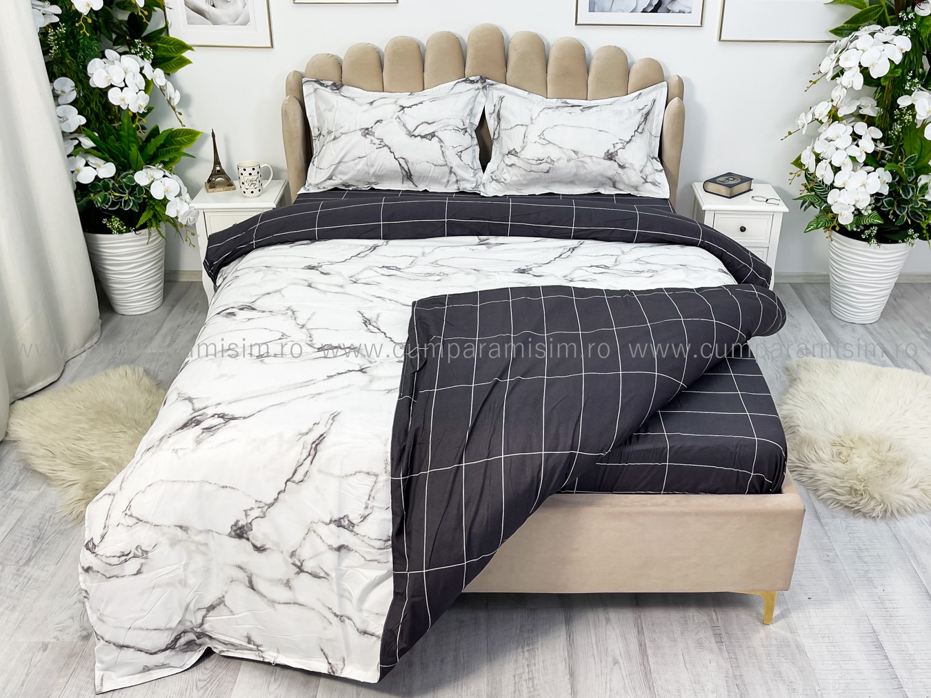 (OFERTA 3 la 199 Lei) Lenjerie pat dublu cu doua feţe, bumbac satinat, 4 piese,  Gri, marmura - view 9