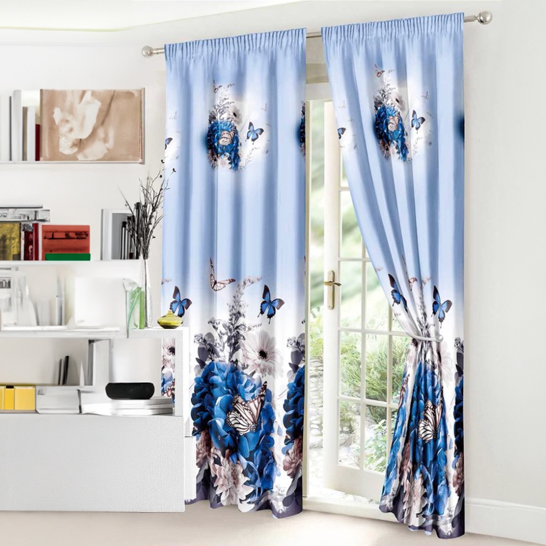 Set Lenjerie pat dublu cu Elastic (140x200cm) + 2 draperii, finet, 6 piese, Alb, Albastru, Flori, Fluturi - view 2
