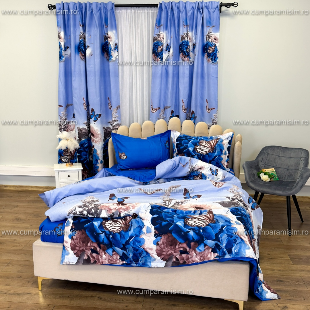 Set Lenjerie pat dublu cu Elastic (140x200cm) + 2 draperii, finet, 6 piese, Alb, Albastru, Flori, Fluturi - view 8