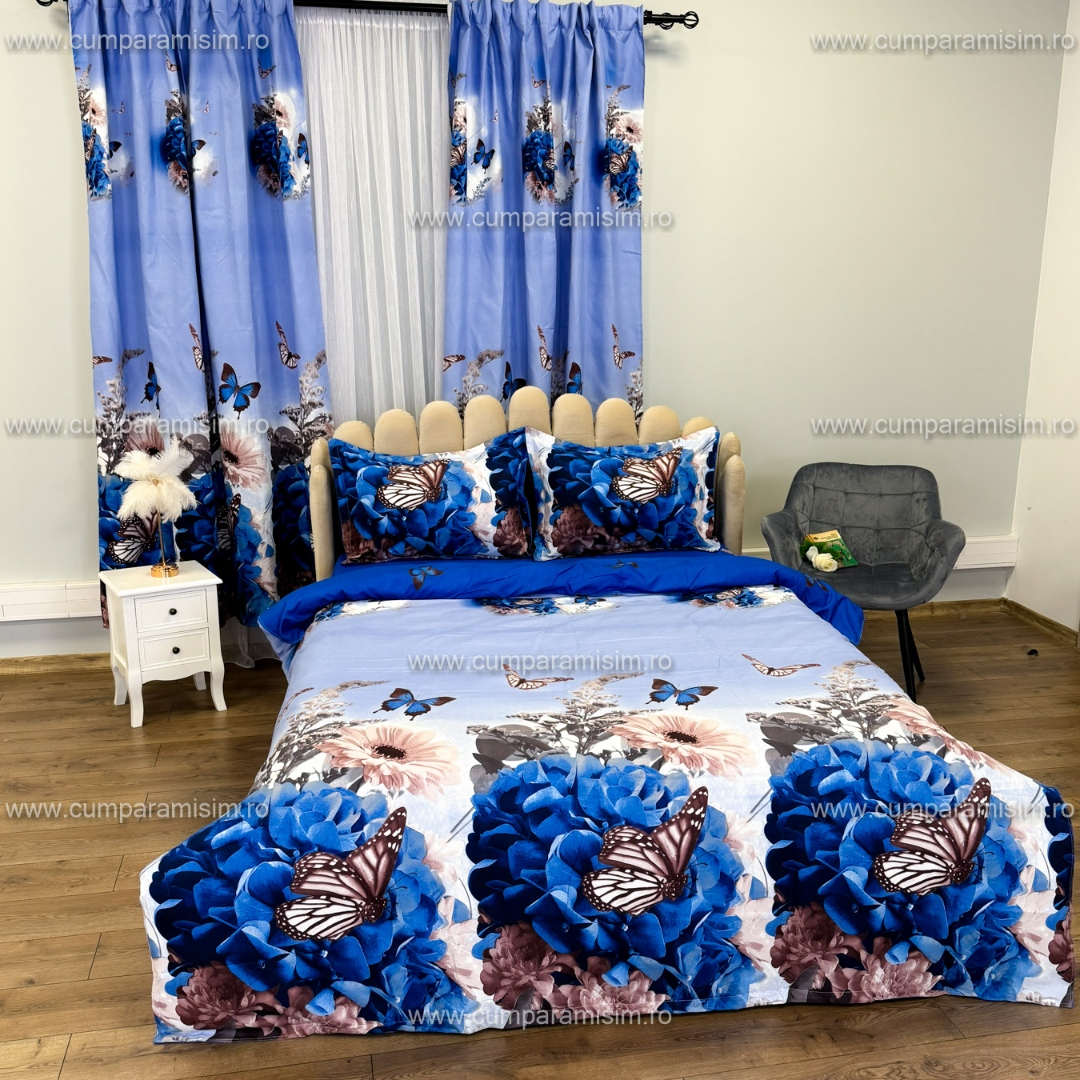 Set Lenjerie pat dublu cu Elastic (140x200cm) + 2 draperii, finet, 6 piese, Alb, Albastru, Flori, Fluturi - view 10