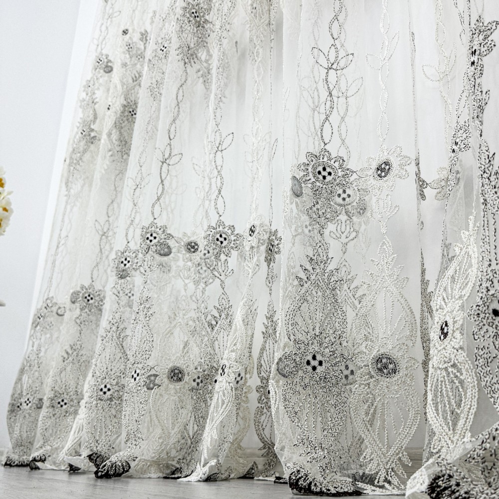 Perdea Merry din Tulle cu Broderie, model elegant, Crem - Negru, 140cm latime x 260cm inaltime, cu rejansa pt bara – imagine 2