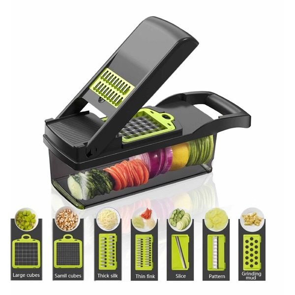 Razatoare multifunctionala manuala – Veggie Slicer, 14 piese, lame inox, gri/verde, 35 × 11 × 14 cm - imagine 2