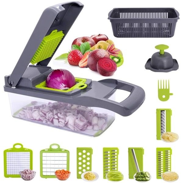 Razatoare multifunctionala manuala – Veggie Slicer, 14 piese, lame inox, gri/verde, 35 × 11 × 14 cm - imagine 3