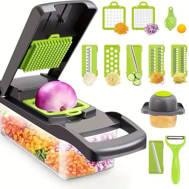 Razatoare multifunctionala manuala – Veggie Slicer, 14 piese, lame inox, gri/verde, 35 × 11 × 14 cm - imagine 6