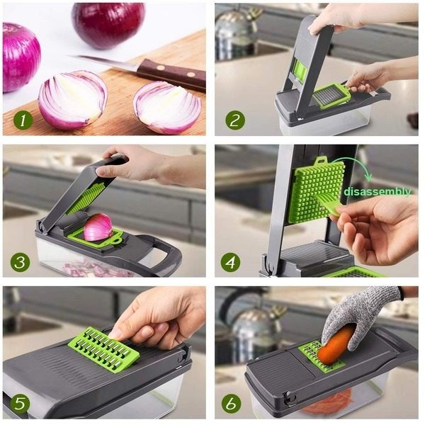 Razatoare multifunctionala manuala – Veggie Slicer, 14 piese, lame inox, gri/verde, 35 × 11 × 14 cm - imagine 8