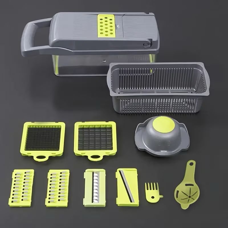 Razatoare multifunctionala manuala – Veggie Slicer, 14 piese, lame inox, gri/verde, 35 × 11 × 14 cm - imagine 11