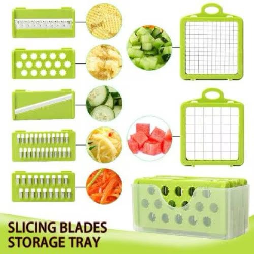 Razatoare multifunctionala manuala – Veggie Slicer, 14 piese, lame inox, gri/verde, 35 × 11 × 14 cm - imagine 12