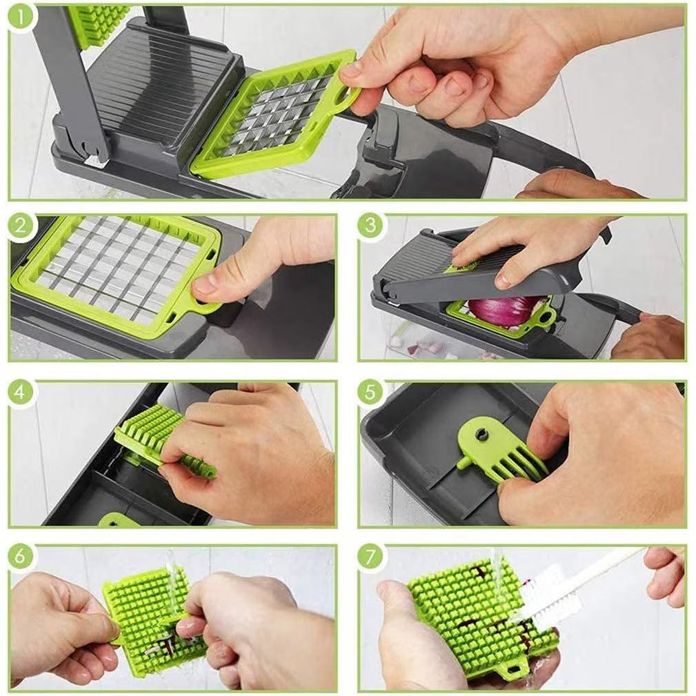 Razatoare multifunctionala manuala – Veggie Slicer, 14 piese, lame inox, gri/verde, 35 × 11 × 14 cm - imagine 13
