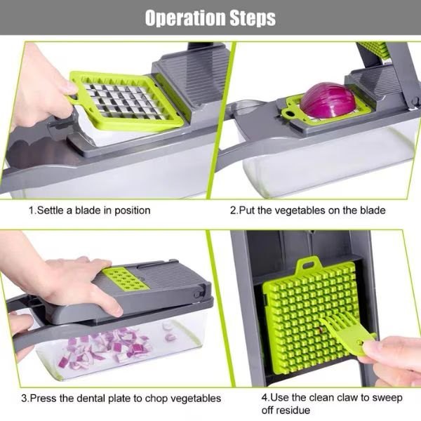 Razatoare multifunctionala manuala – Veggie Slicer, 14 piese, lame inox, gri/verde, 35 × 11 × 14 cm - imagine 15