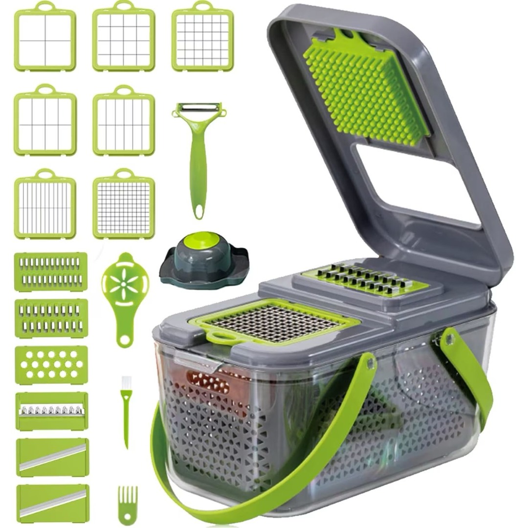 Razatoare Multifunctionala Legume si Fructe – 22 Piese, 12 Lame Interschimbabile, Inox + ABS, cu Strecuratoare si Separator de Oua - imagine 2