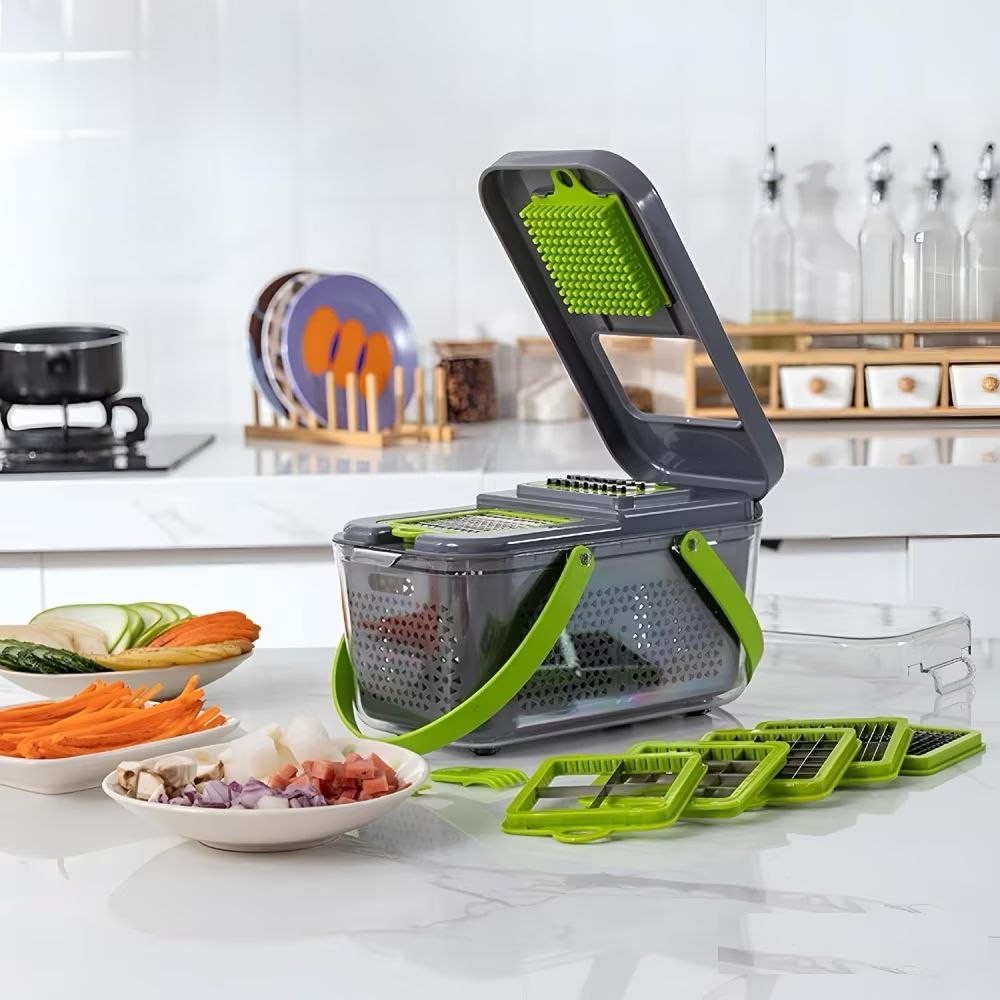 Razatoare Multifunctionala Legume si Fructe – 22 Piese, 12 Lame Interschimbabile, Inox + ABS, cu Strecuratoare si Separator de Oua - imagine 3