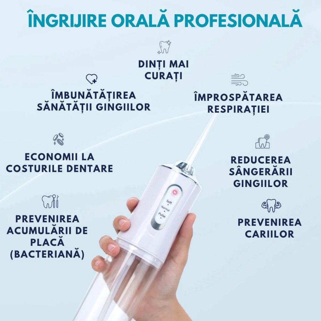Irigator Bucal Profesional, Dus Bucal Portabil, 4 Capete, 3 Moduri de Curatare, Rezervor 230ml, Roz - view 5