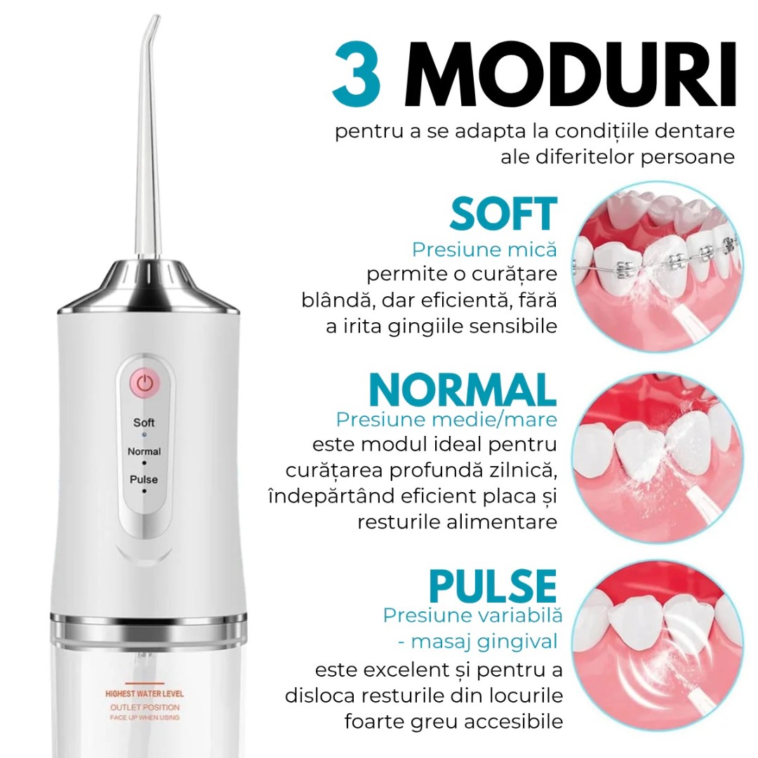 Irigator Bucal Profesional, Dus Bucal Portabil, 4 Capete, 3 Moduri de Curatare, Rezervor 230ml, Roz - view 6