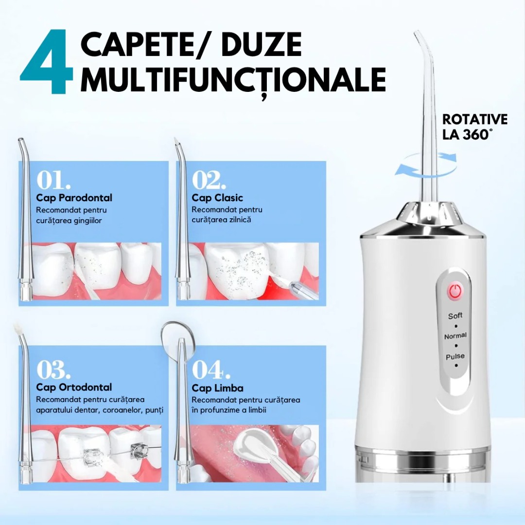 Irigator Bucal Profesional, Dus Bucal Portabil, 4 Capete, 3 Moduri de Curatare, Rezervor 230ml, Roz - view 7